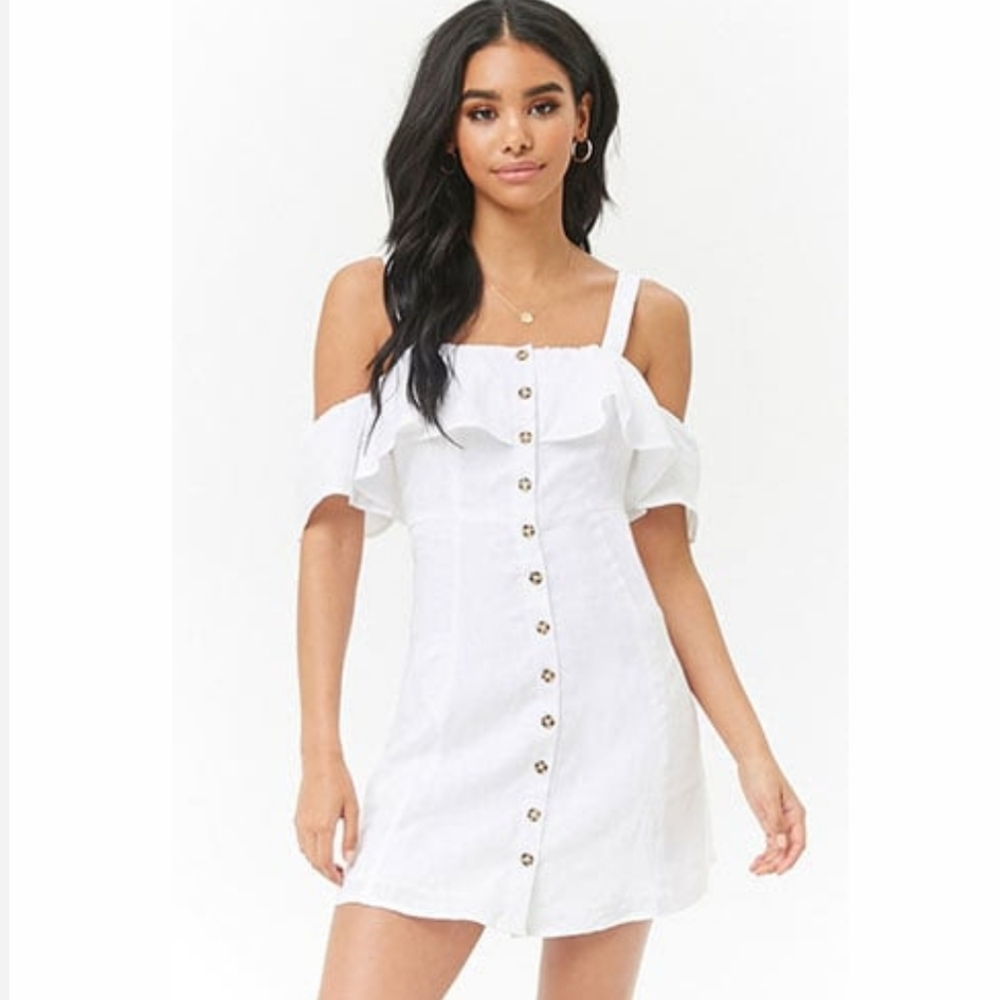 White Linen Open-Shoulder Mini Dress